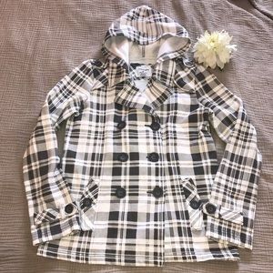 MAURICES White and gray plaid hooded pea coat M